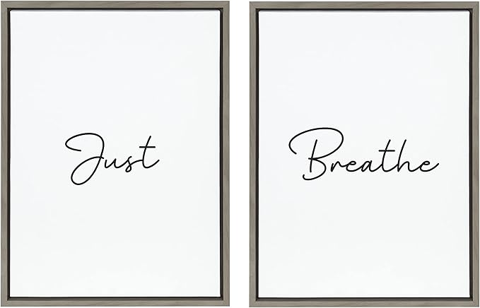 Kate and Laurel Sylvie Just Breath Black and White Framed Canvas Wall Art by The Creative Bunch Studio, 2 Piece 18x24 Gray, Simple Motivational Art Set, Self Care Wall Décor
