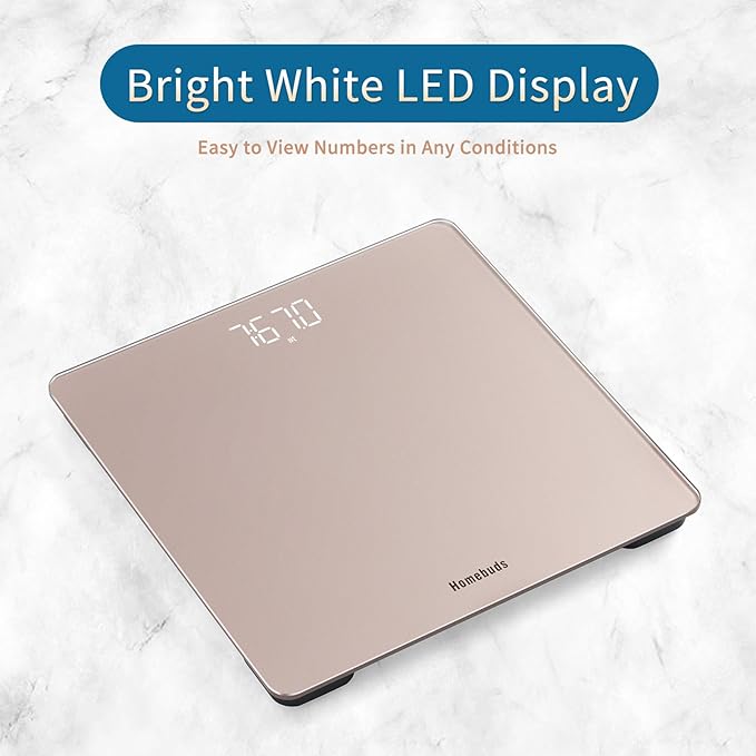 Homebuds Digital Bathroom Scale for Body Weight, High Precision Assured by Weight Scale Professional Factory Since 2001, Bright White LED and Step-On, 3*AAA Batteries Included, 400lb/180kg, Rose Gold
