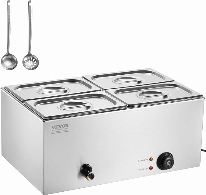 VEVOR 4-Pan Commercial Food Warmer, 15.9QT Electric Steam Table, 1200W Professional Countertop Stainless Steel Buffet Bain Marie with 86-185°F Temp Control for Catering and Restaurants, Silver