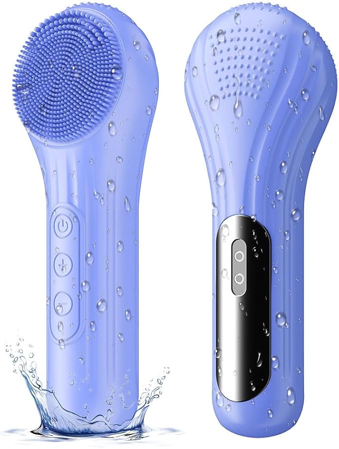 Facial Cleansing Brush, Silicone Face Scrubber with Heat and Vibration 5 Speeds, Waterproof Rechargeable Electric Face Scrub Brush for Men & Women, Deep Cleansing, Exfoliating and Massage (Blue)