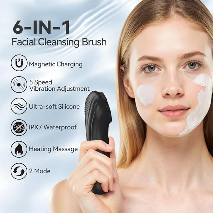 Facial Cleansing Brush, Silicone Face Scrubber with Heat and Vibration 5 Speeds, Waterproof Rechargeable Electric Face Scrub Brush for Men & Women, Deep Cleansing, Exfoliating and Massage (Black)