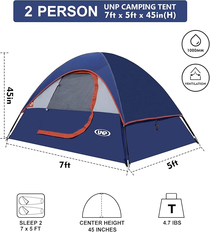 Camping Tent 2 Person, Waterproof Windproof Tent with Rainfly Easy Set up-Portable Dome Tents for Camping…