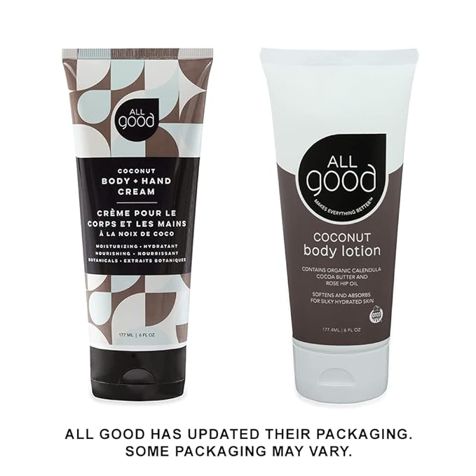 All Good Body + Hand Cream for Women & Men | Organic Daily Moisturizer for Dry Skin | Coconut Oil, Cocoa Butter, Rosehip Oil, Arnica, Vitamin E | Non-greasy, Vegan & Cruelty Free | Coconut, 6oz