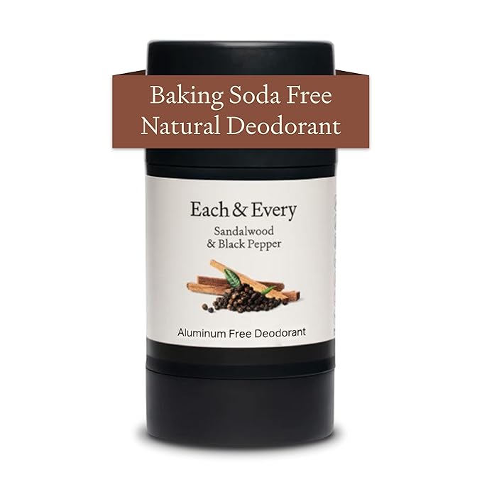Each & Every All Natural Deodorant for Women & Men - Sensitive Skin, Vegan, Baking Soda & Aluminum-Free Deodorant - Clean Long Lasting Odor Control - Sandalwood & Black Pepper Natural Fragrance, 2.5oz