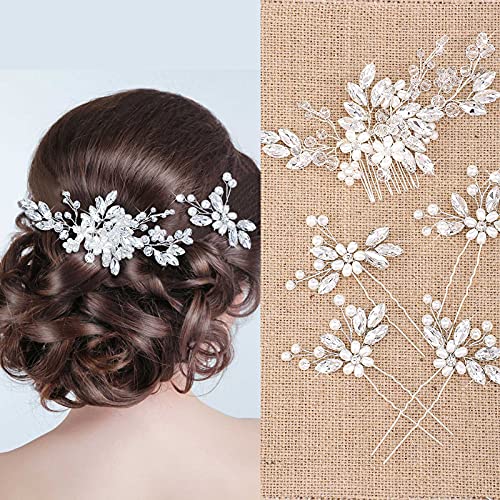 Yeshone 5 Pieces Wedding Hair Comb Bridal Pins Crystal Pearl Wedding Hair Accessories Rhinestone Flower Piece for Bride Bridesmaids Women(Silver)
