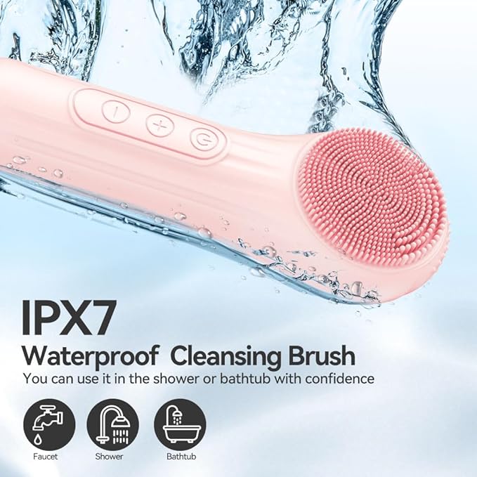 Facial Cleansing Brush, Silicone Face Scrubber with Heat and Vibration 5 Speeds, Waterproof Rechargeable Electric Face Scrub Brush for Men & Women, Deep Cleansing, Exfoliating and Massage (Pink)