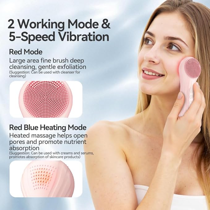 Facial Cleansing Brush, Silicone Face Scrubber with Heat and Vibration 5 Speeds, Waterproof Rechargeable Electric Face Scrub Brush for Men & Women, Deep Cleansing, Exfoliating and Massage (Pink)