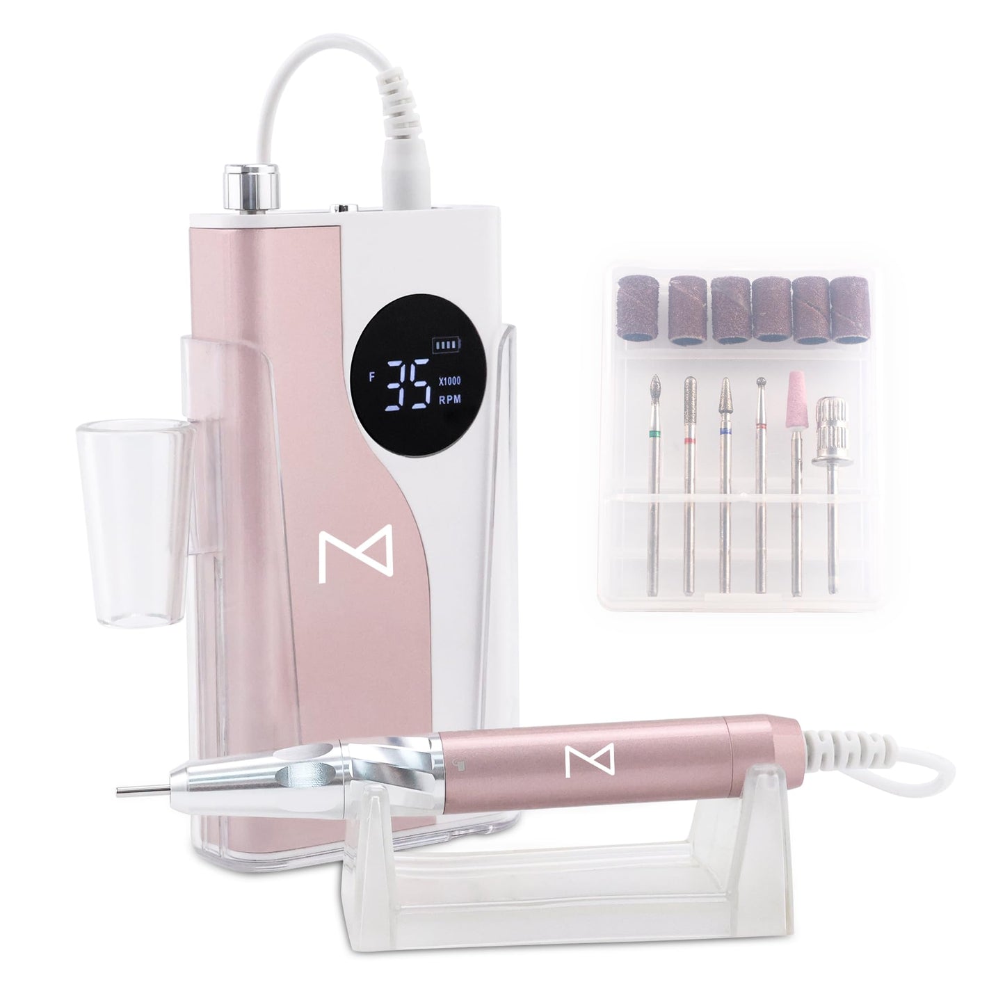 M - Ying Yang Brushless Nail Drill - 35K RPM Wireless Powerhouse, 85w, Aluminum Alloy Shell, Ultra Quiet Operation for Smooth Precision Nail Art (Rose Gold)