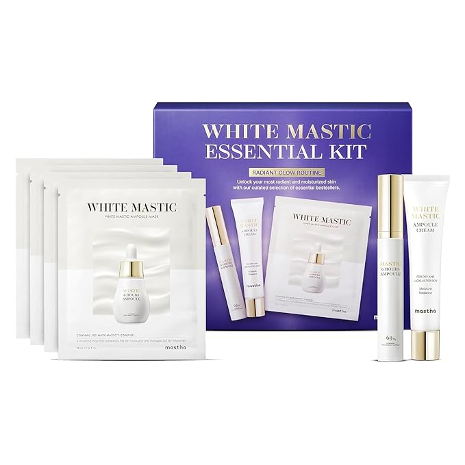 MASTINA White Mastic Essential Skin Care Set- Cream, Ampoule Massager Roller Stick & Sheet Mask Set for Skin Care. Korean Skin Care. Vegan Collagen, Beta-Glucan