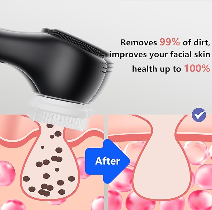 Vibrating and Rotating Face Scrubber, Waterproof Rechargeable Facial Cleansing Brush, 8 Modes Face Brush for Exfoliating and Massaging, for Removing Blackhead（Matte Black）