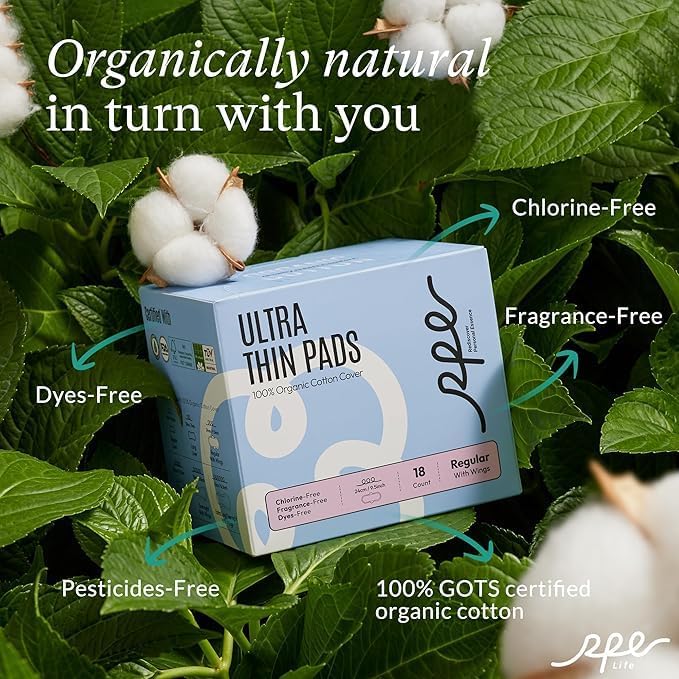 100% Organic Pads for Women, Organic Cotton Cover Pad - Regular Absorbency, Unscented, Ultra Thin Pads with Wings for Women (Regular, Size 3, 36 Count)