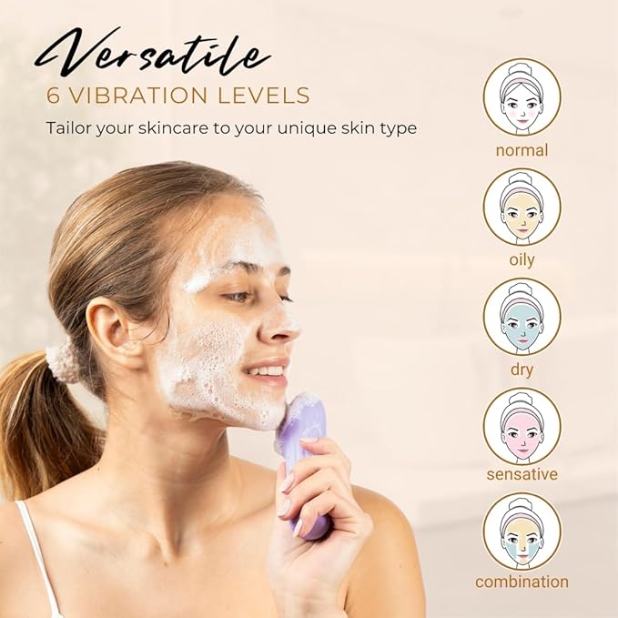 Pulsating Facial Cleansing Brush. Silicone Face Brush | Removes Dirt, Oil & Makeup | Combines Gentle Exfoliation & Deep Cleansing for Radiant Glow | Waterproof & Rechargeable (Purple)
