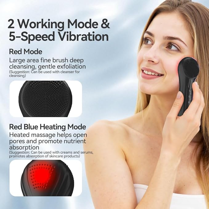 Facial Cleansing Brush, Silicone Face Scrubber with Heat and Vibration 5 Speeds, Waterproof Rechargeable Electric Face Scrub Brush for Men & Women, Deep Cleansing, Exfoliating and Massage (Black)