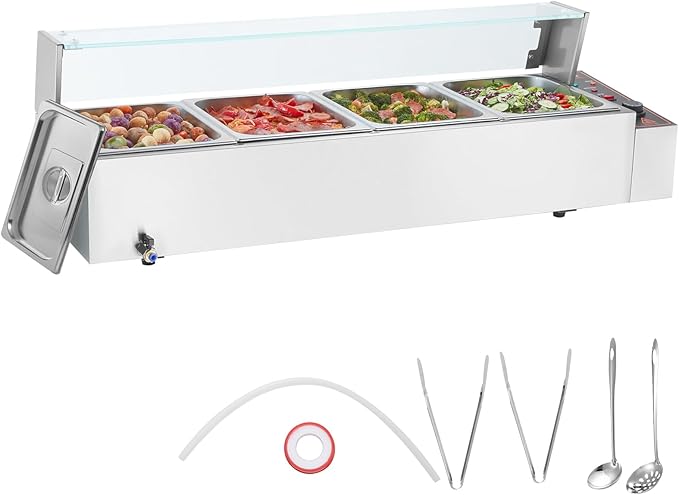 VEVOR 4-Pan Commercial Food Warmer, 4 x 12QT Electric Steam Table with Glass Cover, 1500W Countertop Stainless Steel Buffet Bain Marie 86-185°F Temp Control for Catering, Restaurants, Silver