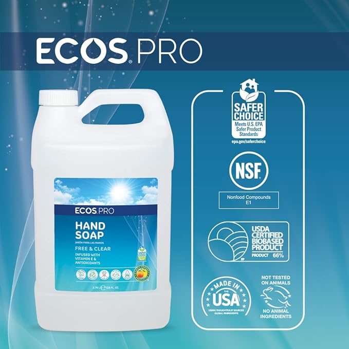 ECOS PRO Hand Soap Refill | Hypoallergenic | Unscented | Readily Biodegradable Formula | With Vitamin E & Antioxidants | Made In The USA | Free and Clear 1 GALLON/ 128 Fl Oz (Pack of 4)