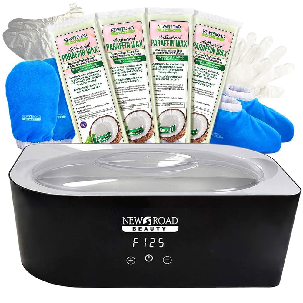 New Road Beauty - Paraffin Wax Machine for Hand and Feet, Paraffin Wax Kit, Quick Heating Touch Screen Paraffin Bath, Blue Terry-Cloth Mitts and Booties, Paraffin Wax for Arthritis, 4-Pack Coconut