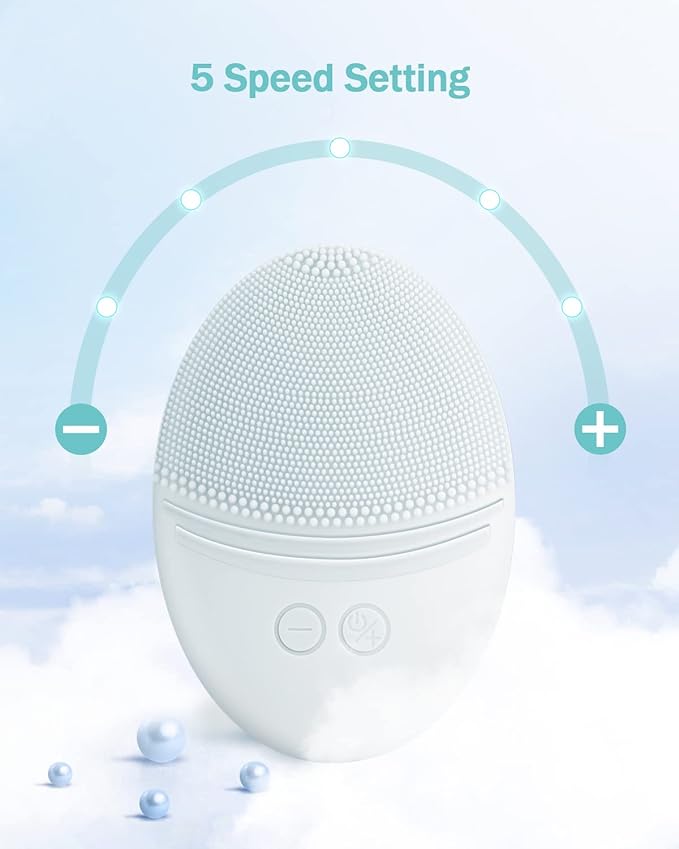 EZBASICS Facial Cleansing Brush Made with Ultra Hygienic Soft Silicone, Waterproof Sonic Vibrating Face Brush for Deep Cleansing, Gentle Exfoliating and Massaging, Inductive Charging (Light Grey)
