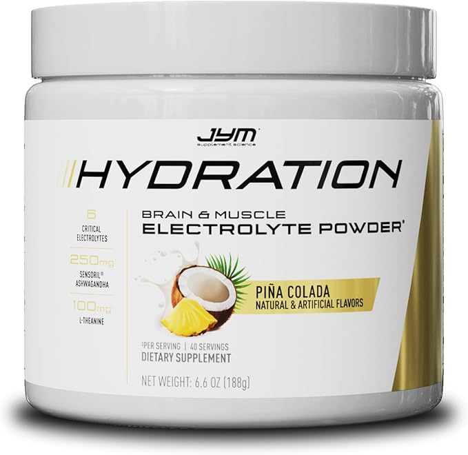 JYM Hydration Pina Colada Powder, Performance Electrolytes, Potassium, Sodium, Magnesium, for Men & Women, Theanine, Ashwaghanda, Theanine, 40 Servings