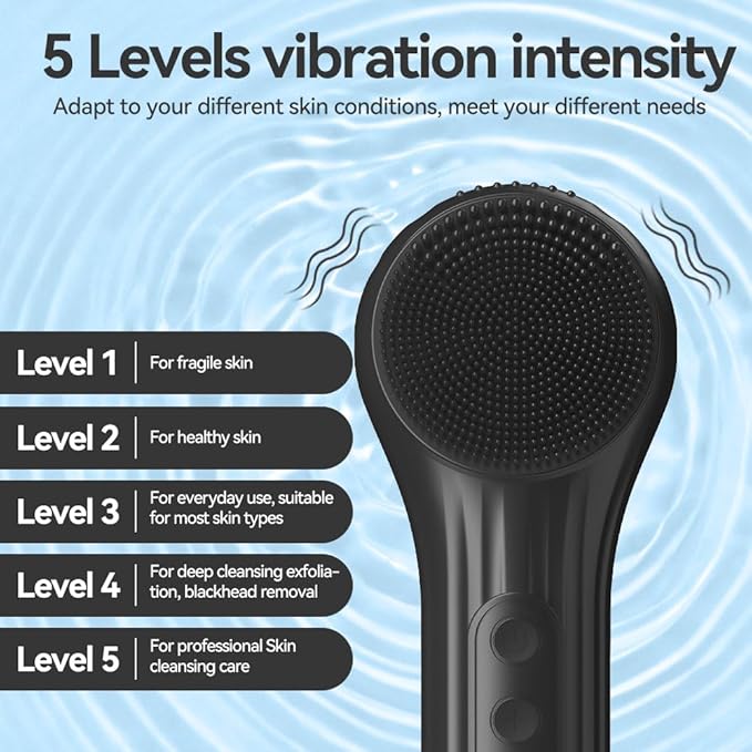 Facial Cleansing Brush, Silicone Face Scrubber with Heat and Vibration 5 Speeds, Waterproof Rechargeable Electric Face Scrub Brush for Men & Women, Deep Cleansing, Exfoliating and Massage (Black)