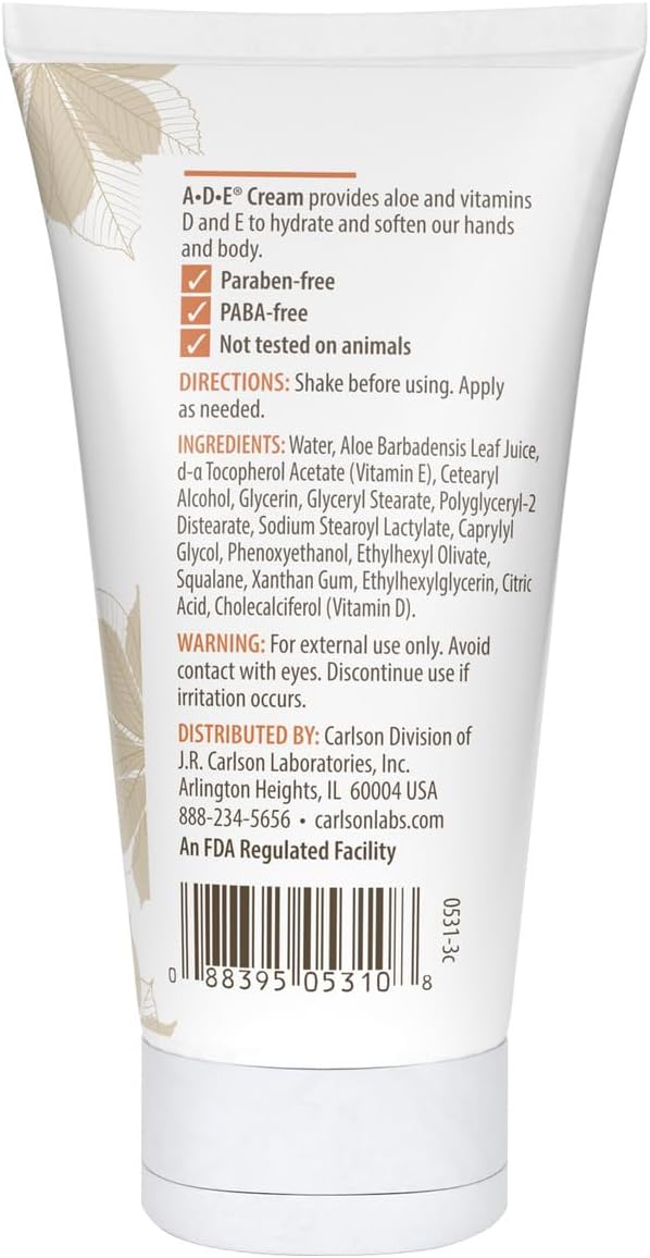 Carlson - ADE Hand and Body Cream, Avocado Oil, 20000 IU Vitamin D, 10000 IU Vitamin E, Unscented, 4 oz