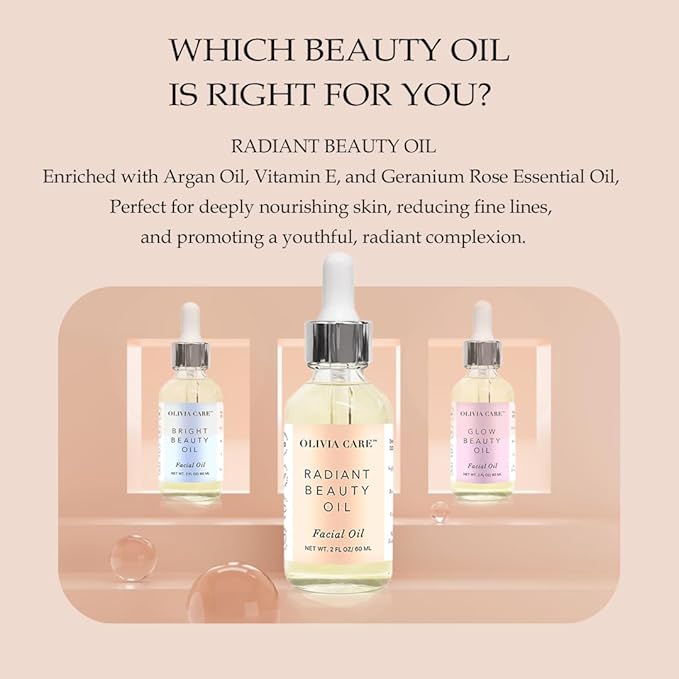 Olivia Care Facial Oil Infused with Argan, Safflower, Vitamin E & Geranium Essential Oil - All Natural - Hydrating, Anti-aging & Antioxidants - Remove Wrinkles & Clear Pores - 2 FL OZ