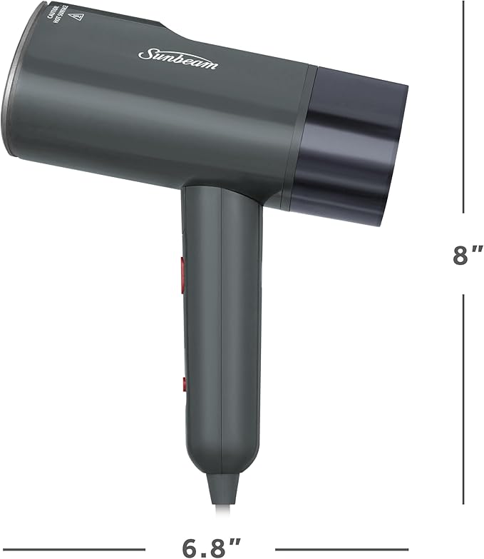 Sunbeam 1520W Handheld Steamer for Clothes, Portable, Foldable, Travel Steamer, Dual Voltage 120/240, Non-Stick, High and Low Steam Setting, 25s Heat Up, 140ml Tank, Bristle Brush, Storage Bag, Black
