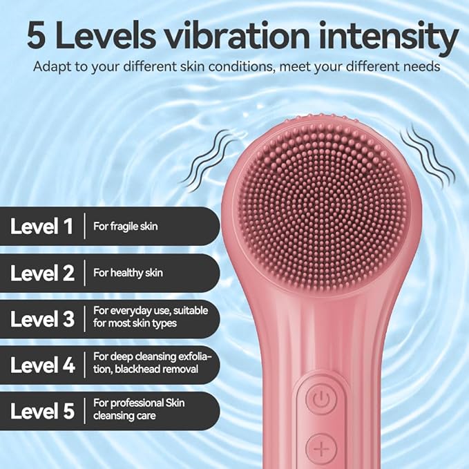 Facial Cleansing Brush, Silicone Face Scrubber with Heat and Vibration 5 Speeds, Waterproof Rechargeable Electric Face Scrub Brush for Men & Women, Deep Cleansing, Exfoliating and Massage (Red)