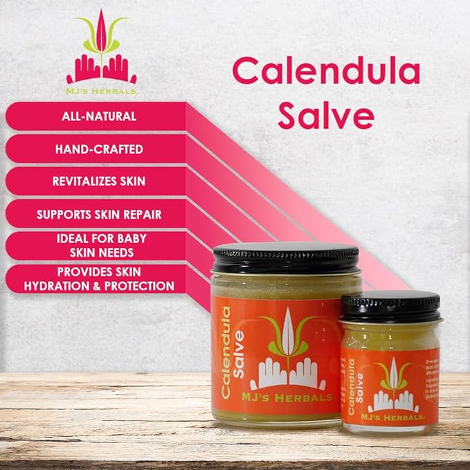 MJ’s Herbals Calendula Salve - Skin Soothing Balm, Eczema Cream, Diaper Rash, Scars, Bug Bites, Made w/Calendula Blossoms & Propolis Beeswax (1 oz)