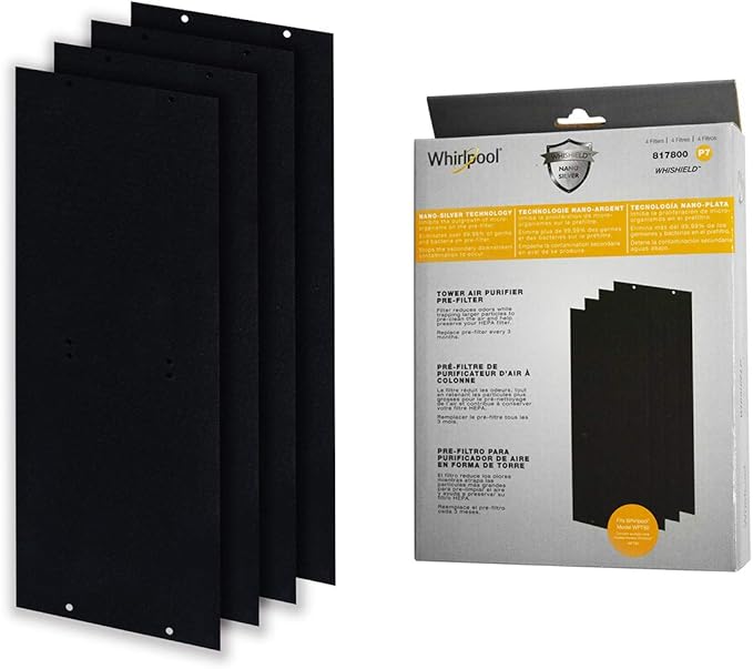 Whirlpool 817800 Genuine Charcoal Pre-Filter - Whishield Anti-Microbial Activated - Replacement Fit Air Purifier Portable Tower WPT80, Large - 4 Pack