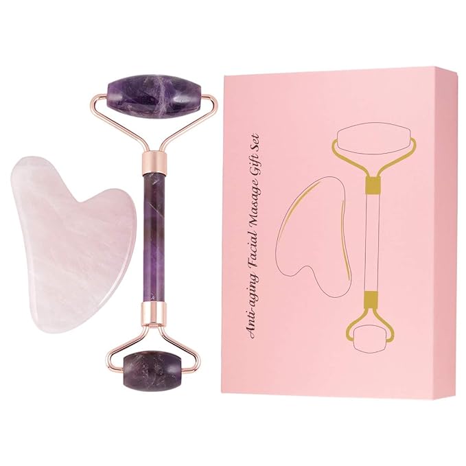 Rockcloud Natural Crystal Jade Roller and Gua Sha Scraping Set Massager Tool for Anti Aging Beauty Neck Body Reduce Wrinkles Facial Massager Therapy Amethyst and Rose Quartz