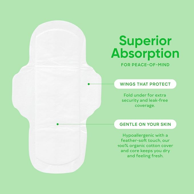 Oi | Organic Initiative - Ultra-Thin Pads with Wings | 100% Certified Organic Cotton, Unscented | Leak Free, Biodegradable | Non-GMO, Toxin Free (Regular, 54, Count)