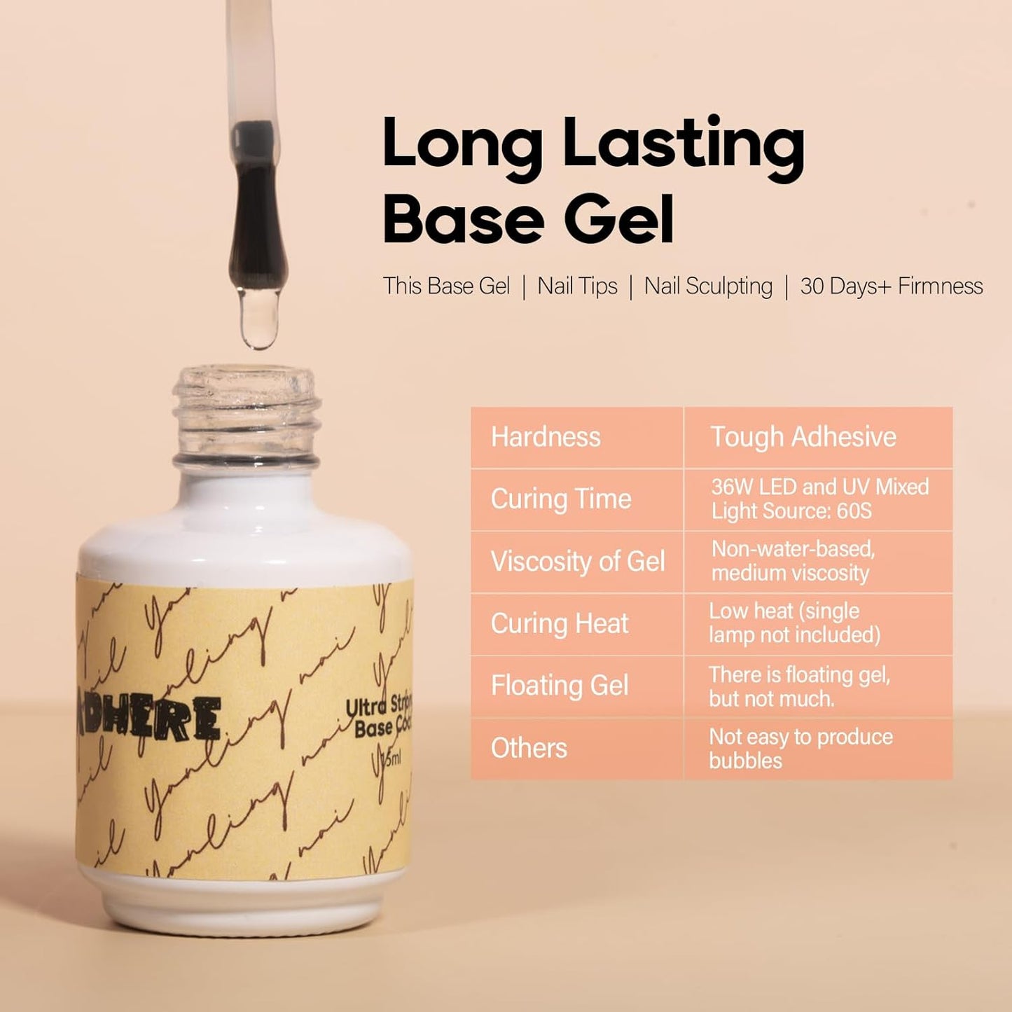 ADHERE Ultra Strong Base Coat for Nail Charms & Press on Nails, 15ml Long-Lasting Gel Polish, Soak Off LED Lamp UV Clear Foundation for Salon & DIY Art Design Manicure