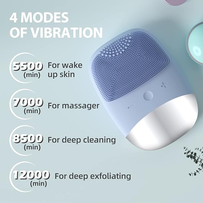 Silicone Face Scrubber, SIWIEY IPX7 Waterproof Sonic Facial Cleansing Brush, USB Rechargeable Sonic Massage Face Brush for Deep Cleansing, Gentle Exfoliating and Massaging (Blue)
