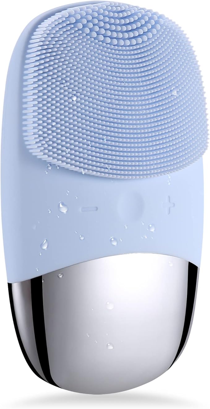 Silicone Face Scrubber, SIWIEY IPX7 Waterproof Sonic Facial Cleansing Brush, USB Rechargeable Sonic Massage Face Brush for Deep Cleansing, Gentle Exfoliating and Massaging (Blue)