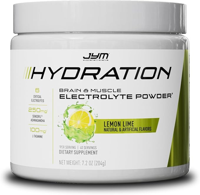 JYM Hydration Lemon Lime Powder, Performance Electrolytes, Potassium, Sodium, Magnesium, for Men & Women, Theanine, Ashwaghanda, Theanine, 40 Servings