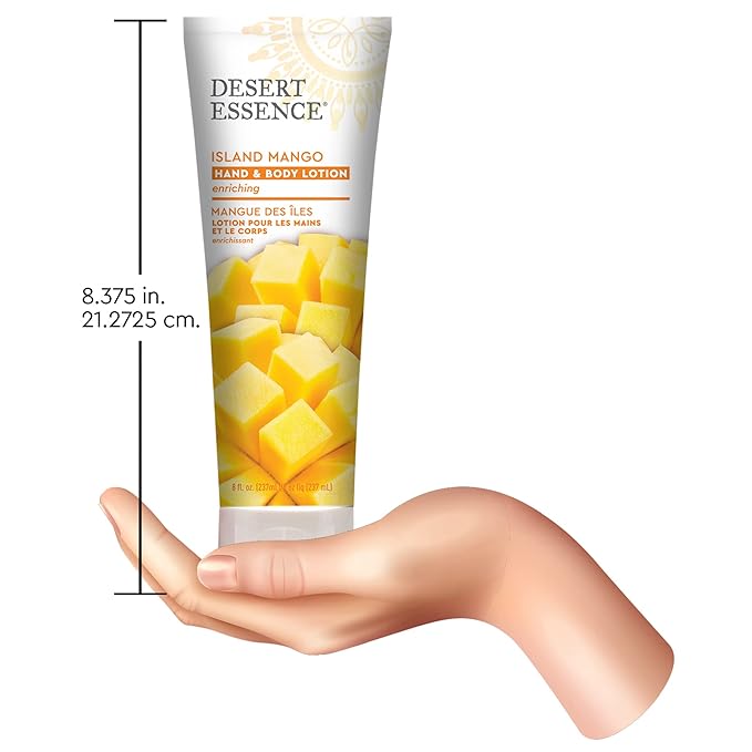 Desert Essence, Island Mango Hand & Body Lotion 8 fl. oz. - Gluten Free - Vegan - Cruelty Free - Mango Seed Butter, Passion Flower & Organic Shea Butter - Luscious & Rich - Tropical Island Scent