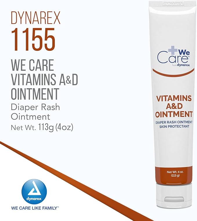 Dynarex Vitamins A & D Ointment, Ointment with Vitamin A and Vitamin D Skin Protectant, for Diaper Rash and Discomfort, White, 1-4 oz. Tube