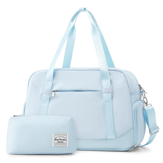 LONG VACATION Women's Travel Duffel Bag with Toiletry Bag, Sports Gym Bag Weekendeer Carry-on Tote with Shoe Compartment and Wet Pocket, Yoga Bag Fit 15.6inch Laptop (LIGHT BLUE, 18-inch)