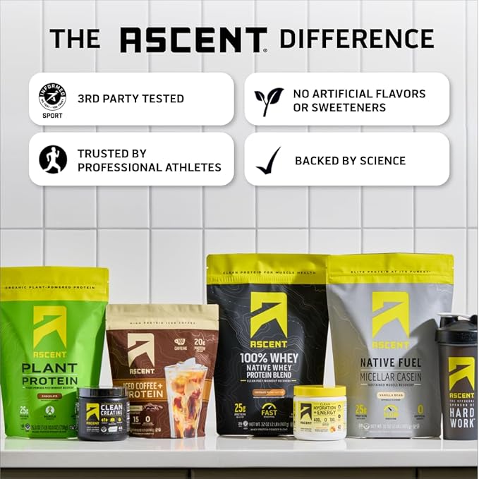 Ascent 100% Whey Protein Powder - Post Workout Whey Protein Isolate, Zero Artificial Flavors & Sweeteners, Gluten Free, 5.5g BCAA, 2.6g Leucine, Essential Amino Acids, Cookies & Cream 1.7 lb