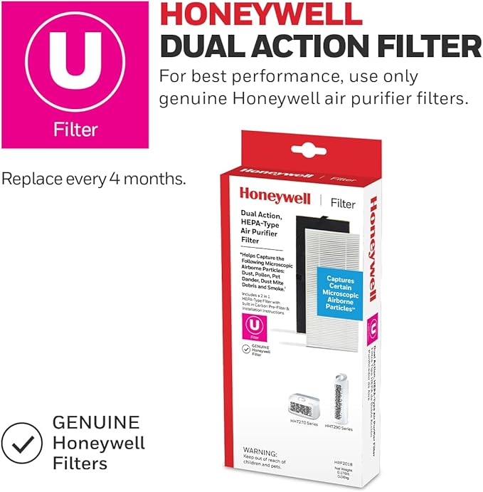 Honeywell Air Purifiers for Home Bedroom, Living Room, Kitchen & Dorm Room (100 sq ft), Dual Action Air Filter Helps Capture Dust, Pollen, Pet Dander & Smoke, HHT270, Tabletop, White