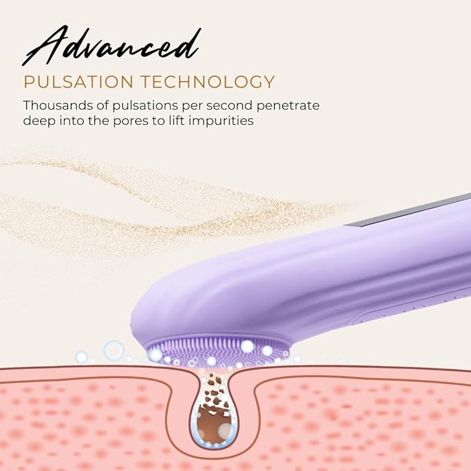 Pulsating Facial Cleansing Brush. Silicone Face Brush | Removes Dirt, Oil & Makeup | Combines Gentle Exfoliation & Deep Cleansing for Radiant Glow | Waterproof & Rechargeable (Purple)