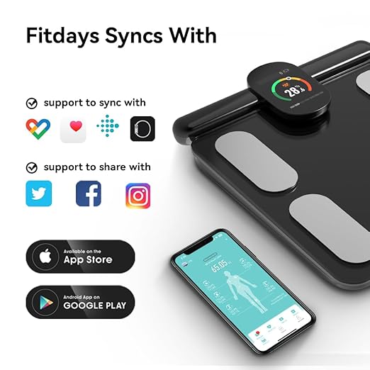 Fitdays Smart Body Fat Scale | Advanced 8-Electrode Technology for BMI/20+ Body Metrics | Full-Color LED & High Precision | Bathroom Weight Scale for Fitness/Weight Loss |(FG2305ULB-Black)