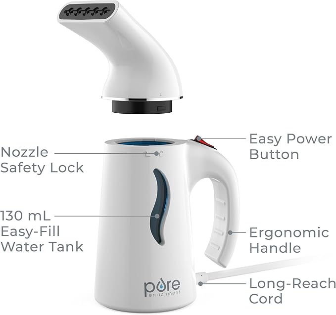 Pure Enrichment PureSteam Portable Fabric Steamer - Handheld Travel Garment Steamer Removes Wrinkles & is Safe on All Fabrics - Fast-Heating, Lightweight, Auto Safety Shut-Off, & Long Cord (White)