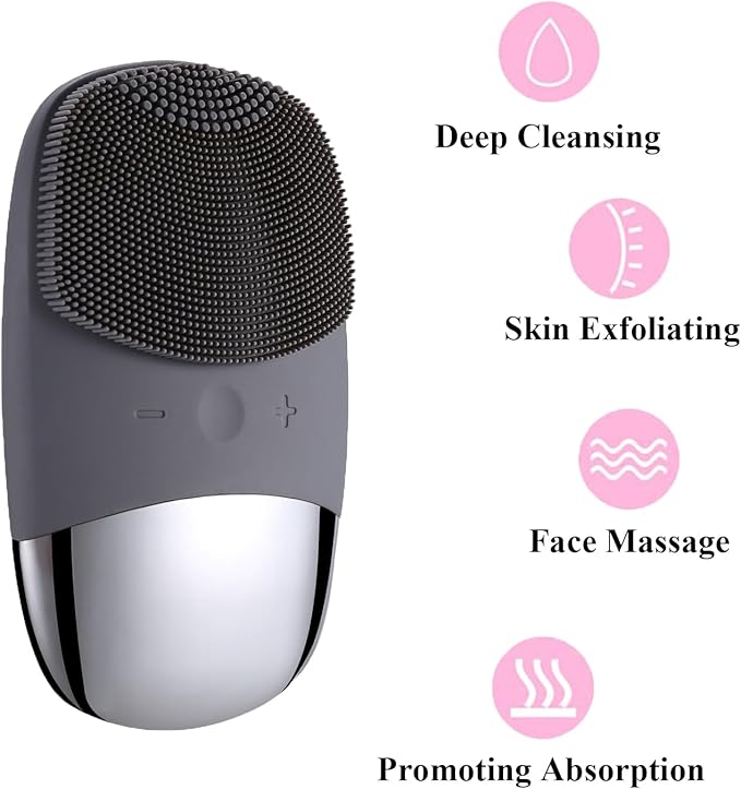Facial Cleansing Brush, 3-in-1 Electric Soft Silicone Waterproof Face Scrubber, USB Rechargeable IPX7 Waterproof Sonic Vibrating Face Brush for Deep Cleansing, Gentle Exfoliating and Massaging