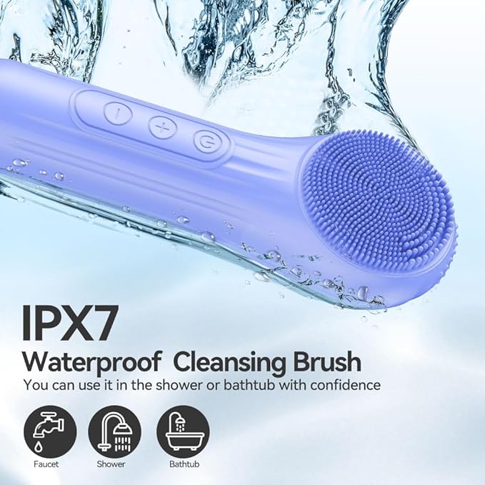 Facial Cleansing Brush, Silicone Face Scrubber with Heat and Vibration 5 Speeds, Waterproof Rechargeable Electric Face Scrub Brush for Men & Women, Deep Cleansing, Exfoliating and Massage (Blue)