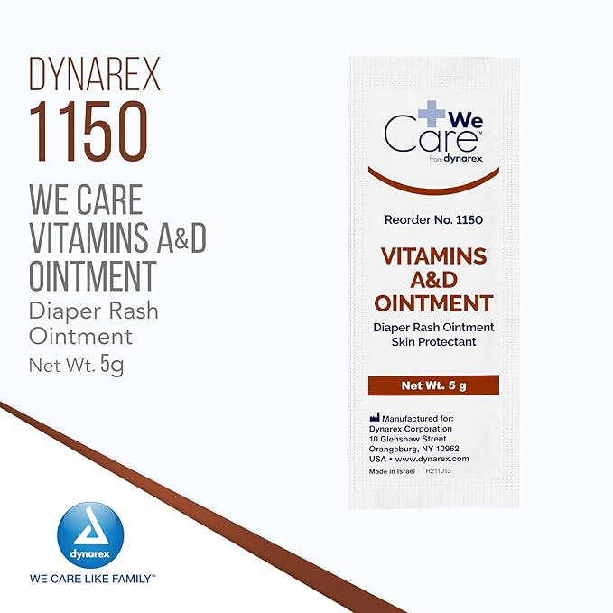 Dynarex Vitamins A & D Ointment, Vitamin A and Vitamin D Help Prevent & Treat Skin Irritation, Diaper Rash, White, 1 Box of 144 - 5g Packets
