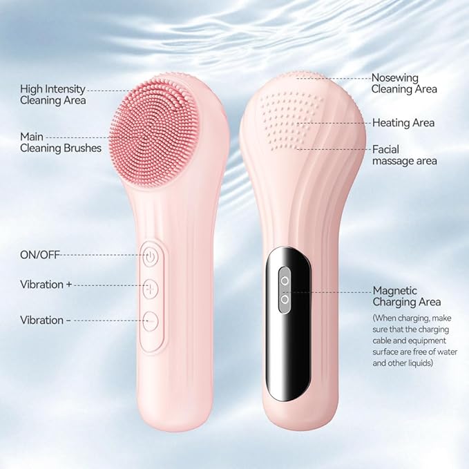 Facial Cleansing Brush, Silicone Face Scrubber with Heat and Vibration 5 Speeds, Waterproof Rechargeable Electric Face Scrub Brush for Men & Women, Deep Cleansing, Exfoliating and Massage (Pink)