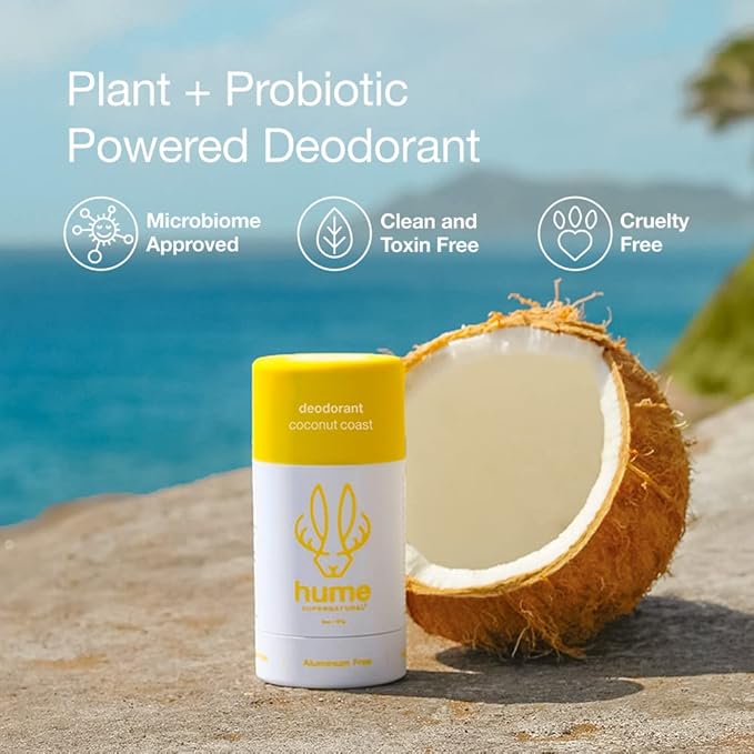 Hume Supernatural Aluminum Free Deodorant for Women & Men - Safe for Sensitive Skin - Probiotic, Plant-Based, Baking Soda Free, Aloe, & Cactus Flower, Anti Sweat, Stain & Odor - Coconut Coast 3-Pack