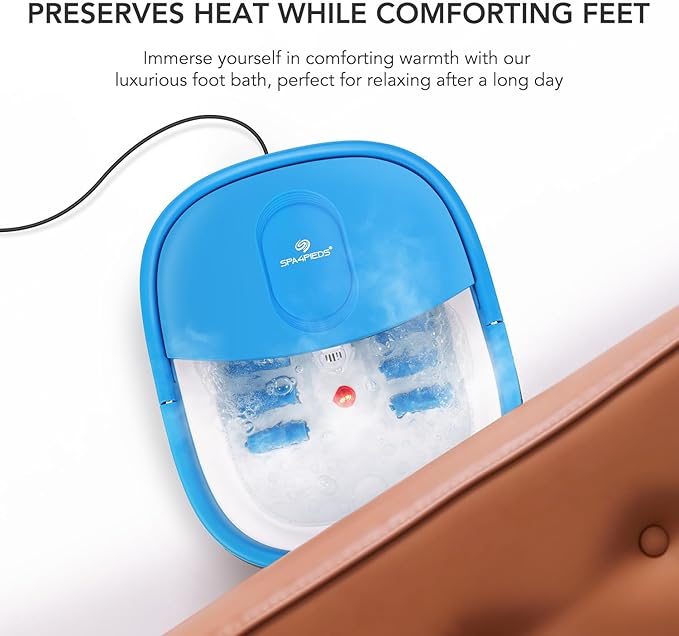 Collapsible Foot Spa Bath Massager with Heat-Maintaining, Bubbles, Red Light, 8 Shiatsu Massage Rollers, A Double-Sided Foot File for Stress Relief & Soft Feet, Space-Saving Feet Soaker, Blue