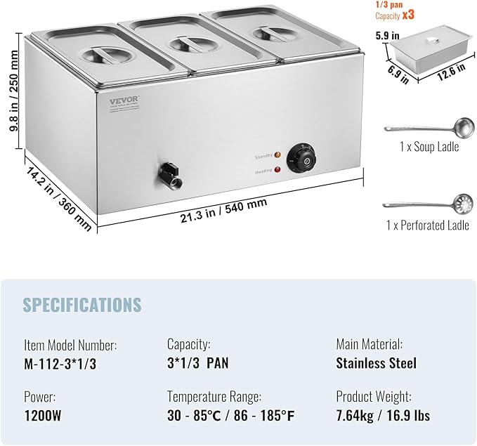 VEVOR 3-Pan Commercial Food Warmer, 24QT Electric Steam Table, 1200W Professional Countertop Stainless Steel Buffet Bain Marie with 86-185°F Temp Control for Catering and Restaurants, Silver